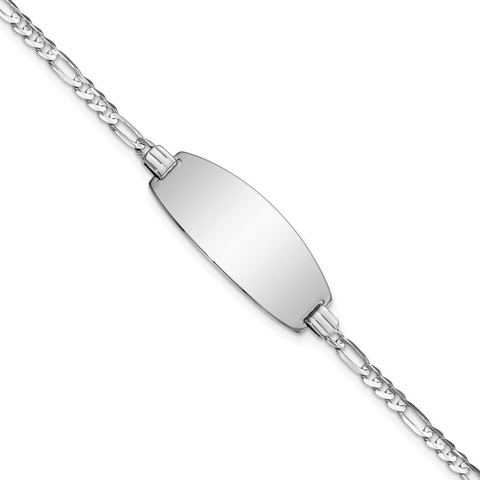 14K Solid White Gold Oval Figaro Link Name Bar Identification ID Bracelet