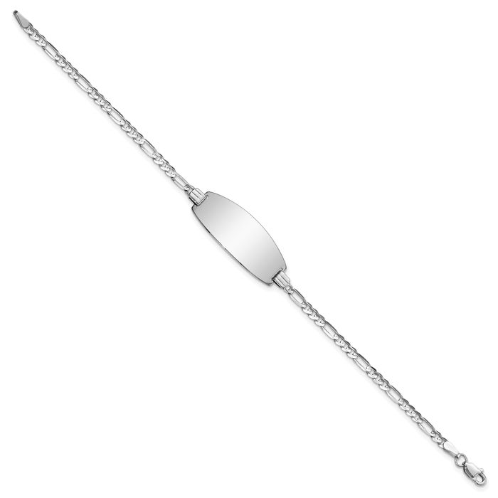 14K Solid White Gold Oval Figaro Link Name Bar Identification ID Bracelet