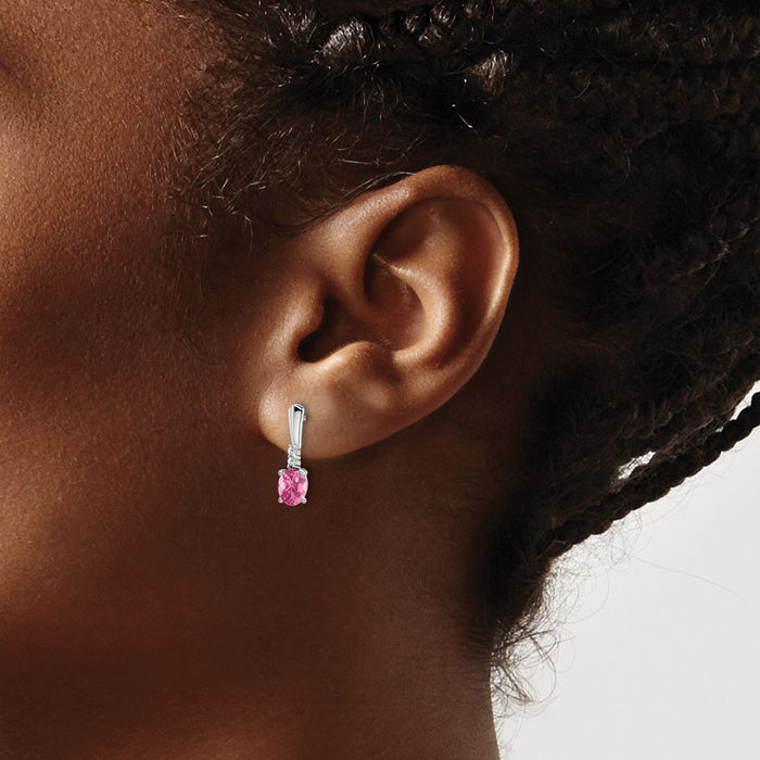 14K Solid White Gold Oval Pink Tourmaline Diamond Drop Dangle Earrings October Birthstone Jewelry