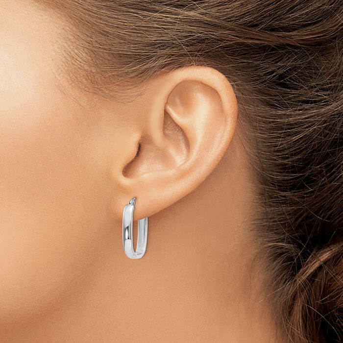 14K Solid White Gold Oval Tube Medium Hoop Earrings