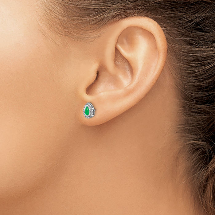 14K Solid White Gold Green Emerald Studs Pear Teardrop Gemstone Earrings May Birthstone Jewelry