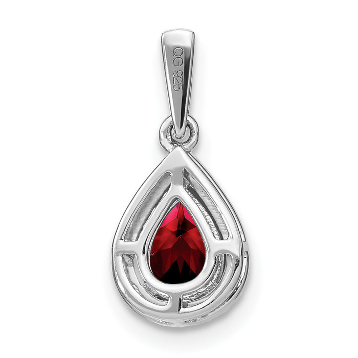 14K Solid White Gold Pear Red Garnet Diamond Halo Round Necklace Charm Gemstone Pendant