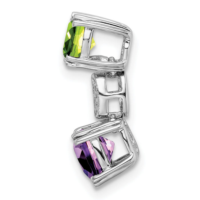 14K Solid White Gold Green Peridot Purple Amethyst Diamond Floating Chain Slide Gemstone Pendant Necklace Charm