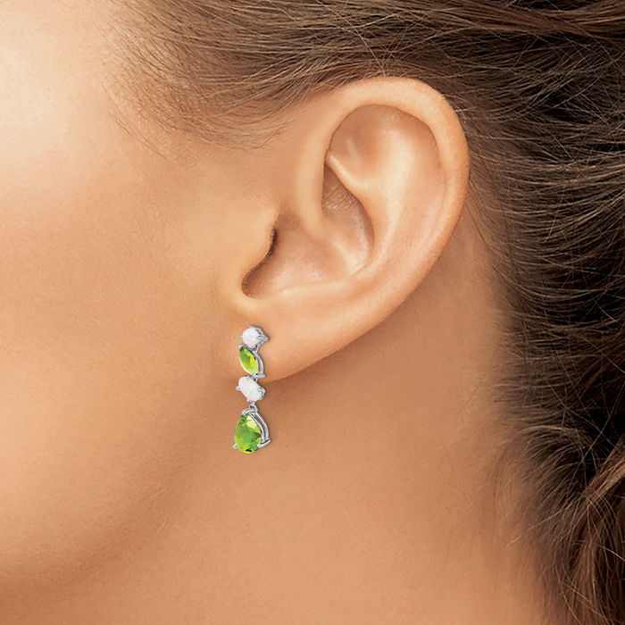 14K Solid White Gold Green Peridot Opal Drop Dangle Earrings Pear Teardrop Gemstone August Birthstone Jewelry