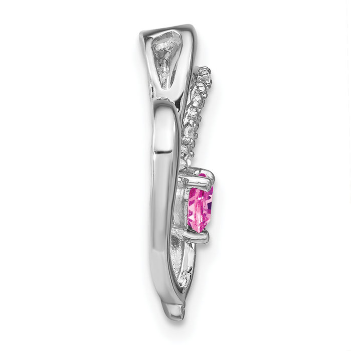 14K Solid White Gold Pink Sapphire Diamond Heart Floating Chain Slide Gemstone Pendant Necklace Charm