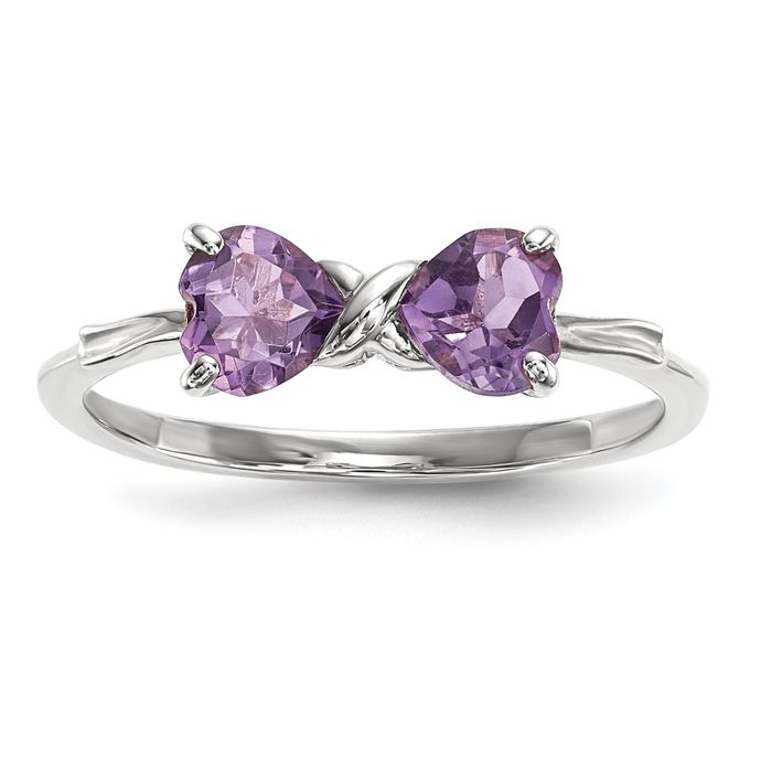 14K Solid White Gold Amethyst Bow Heart Ring - Picture 8 of 52