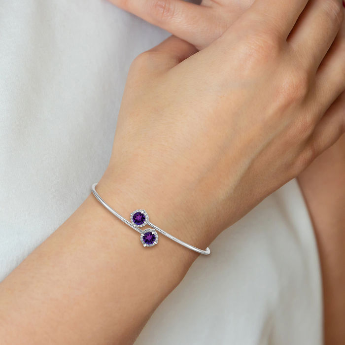 14K Solid White Gold Purple Amethyst Diamond Flexible Gemstone Bangle Bracelet