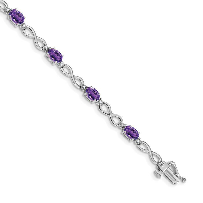 14K Solid White Gold Amethyst Diamond Infinity Love Knot Chain Bracelet - Picture 11 of 12