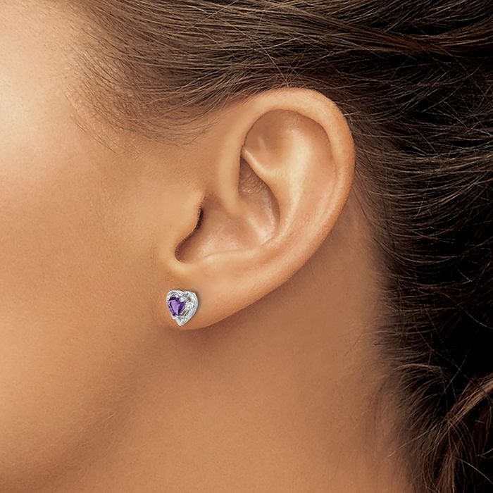 14K Solid White Gold Purple Amethyst Diamond Heart Stud Earrings February Birthstone Jewelry