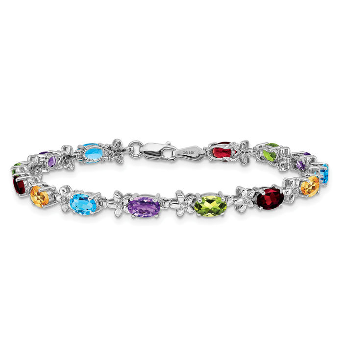 14K Solid White Gold Multi-color Flower Diamond Chain Tennis Charm Bracelet - Picture 9 of 12