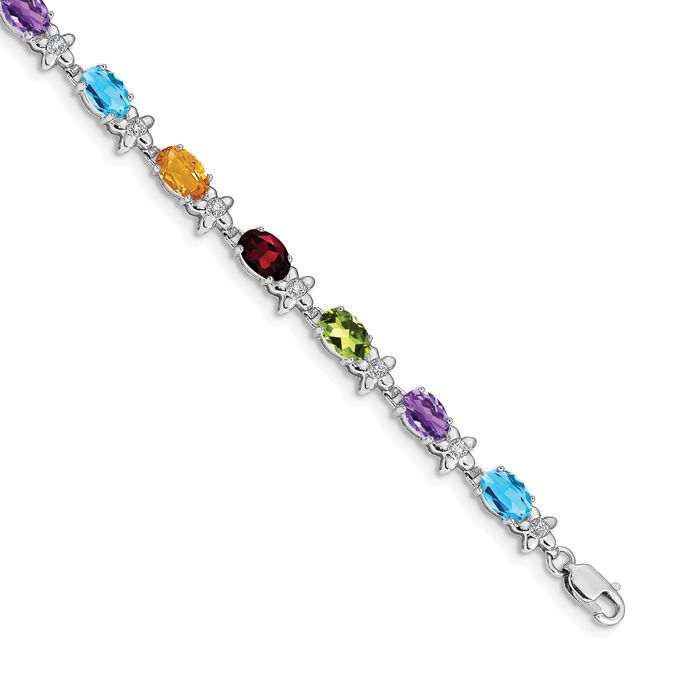 14K Solid White Gold Multi-color Flower Diamond Chain Tennis Charm Bracelet - Picture 11 of 12