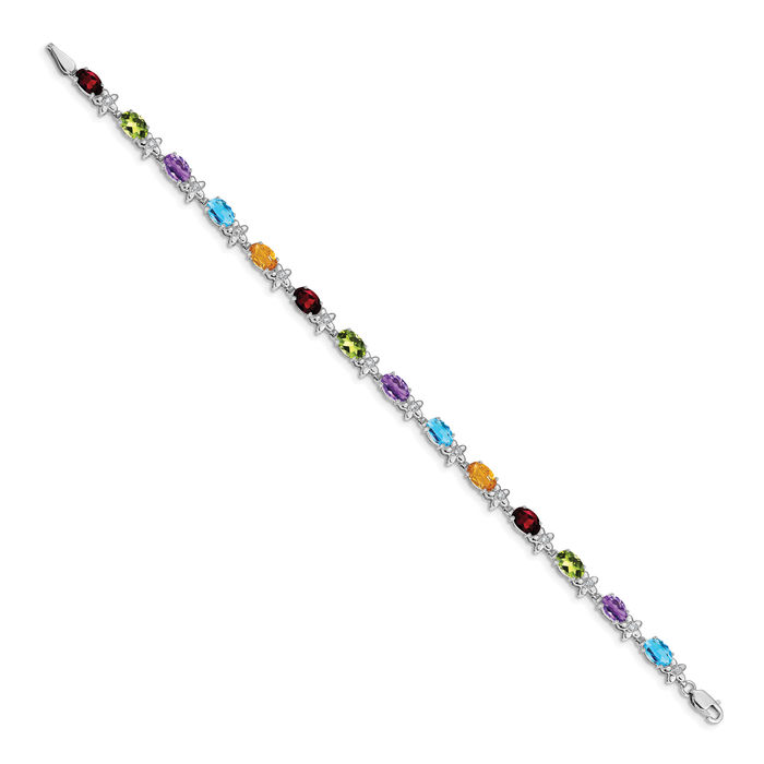 14K Solid White Gold Rainbow Multi-color Flower Gemstone Diamond Chain Tennis Charm Bracelet