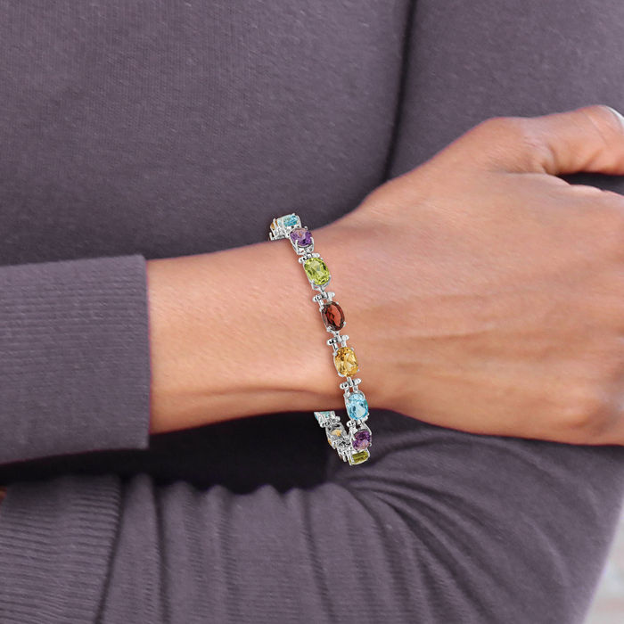 14K Solid White Gold Rainbow Multi-color Gemstone Tennis Bracelet