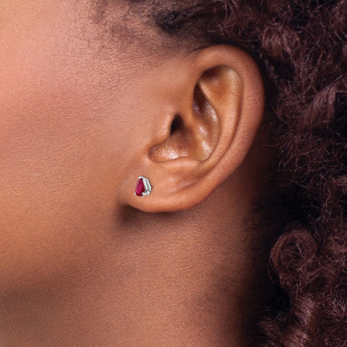 14K Solid White Gold Red Ruby Studs Pear Teardrop Gemstone Solitaire Earrings July Birthstone Jewelry