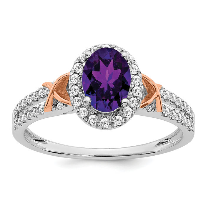 14K Solid White Gold Rose Pink Amethyst Diamond Halo Ring - Picture 8 of 52