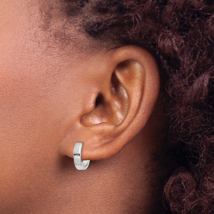 14K Solid White Gold Round Huggie Small Hoop Earrings