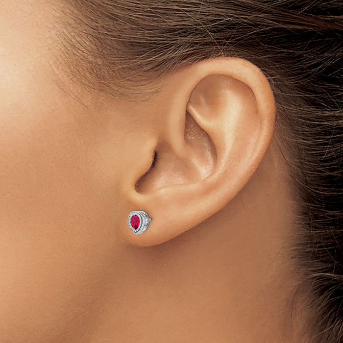 14K Solid White Gold Red Ruby Diamond Studs Pear Teardrop Gemstone Earrings July Birthstone Jewelry