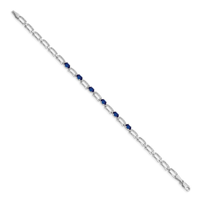 14K Solid White Gold Blue Sapphire Chain Gemstone Tennis Bracelet