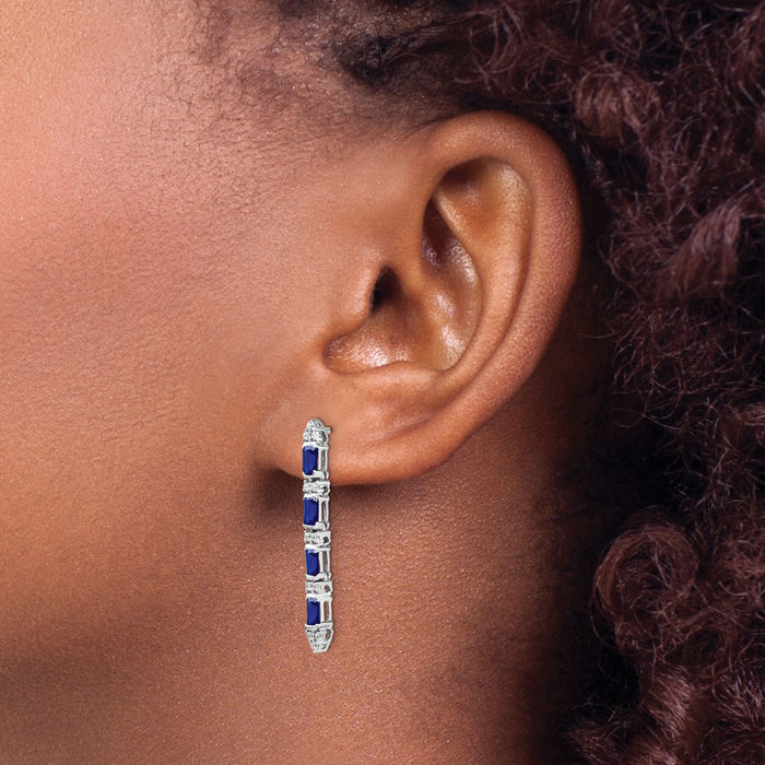 14K Solid White Gold Blue Sapphire Diamond 4 Stone Line Bar Drop Dangle Earrings Gemstone Post Push Back September Birthstone Jewelry