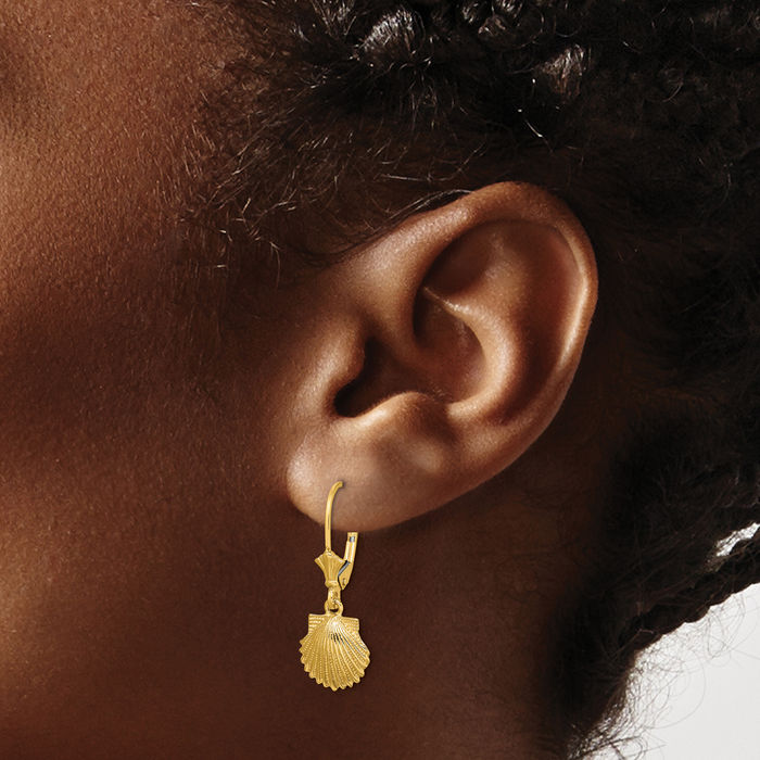 14K Solid White Gold Scallop Shell Drop Dangle Earrings