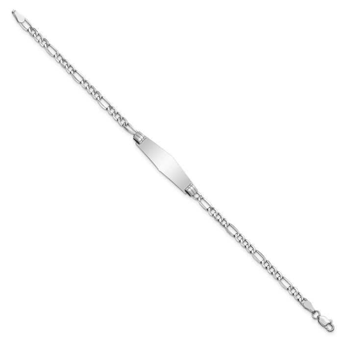 14K Solid White Gold Soft Figaro Link Name Bar Identification ID Bracelet