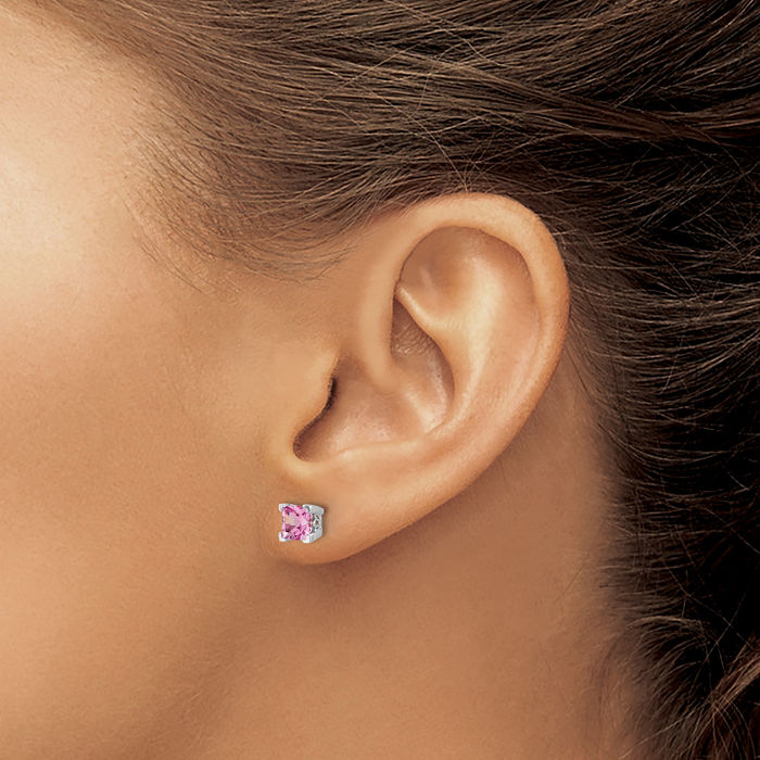 14K Solid White Gold Square Lab Pink Sapphire Studs Gemstone Earrings October Birthstone Jewelry