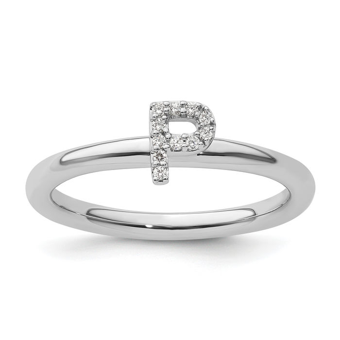 14K Solid White Gold Stacking Diamond Dainty Letter P Initial Name Monogram Ring Size 9