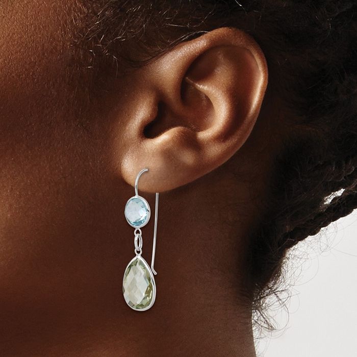 14K Solid White Gold Swiss Blue Topaz Green Quartz Drop Dangle Earrings Pear Teardrop Gemstone