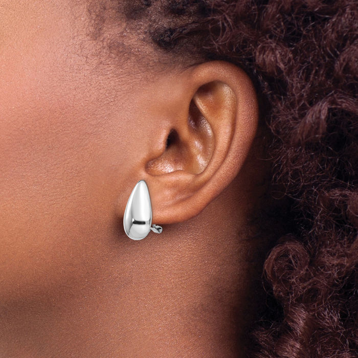 14K Solid White Gold Tear Drop Dangle Omega Clip Back Post Stud Earrings