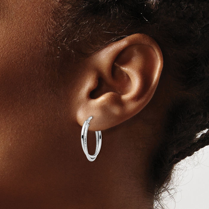 14K Solid White Gold Oval Medium Hoop Earrings