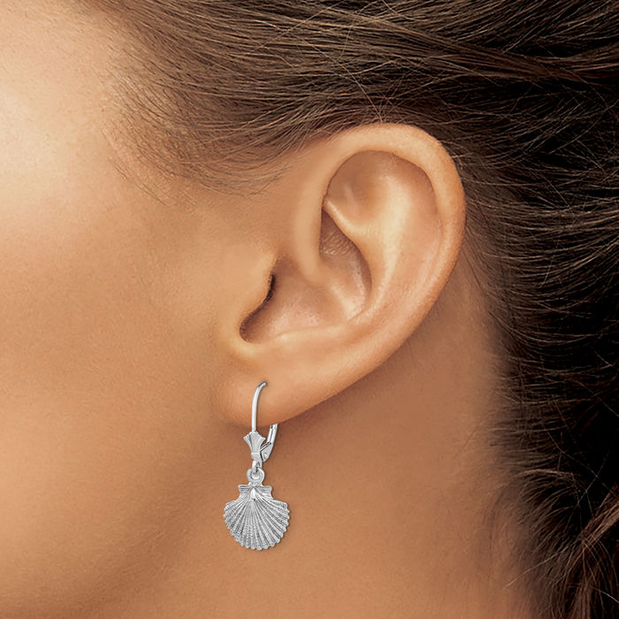 14K Solid White Gold Scallop Shell Drop Dangle Earrings