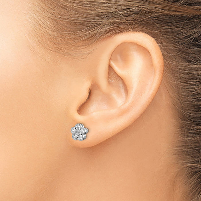 14K Solid White Gold Lab Diamond Flower Stud Earrings