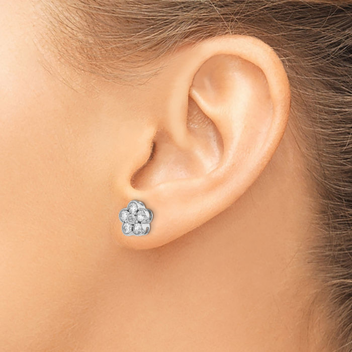 14K Solid White Gold Lab Diamond Flower Stud Earrings