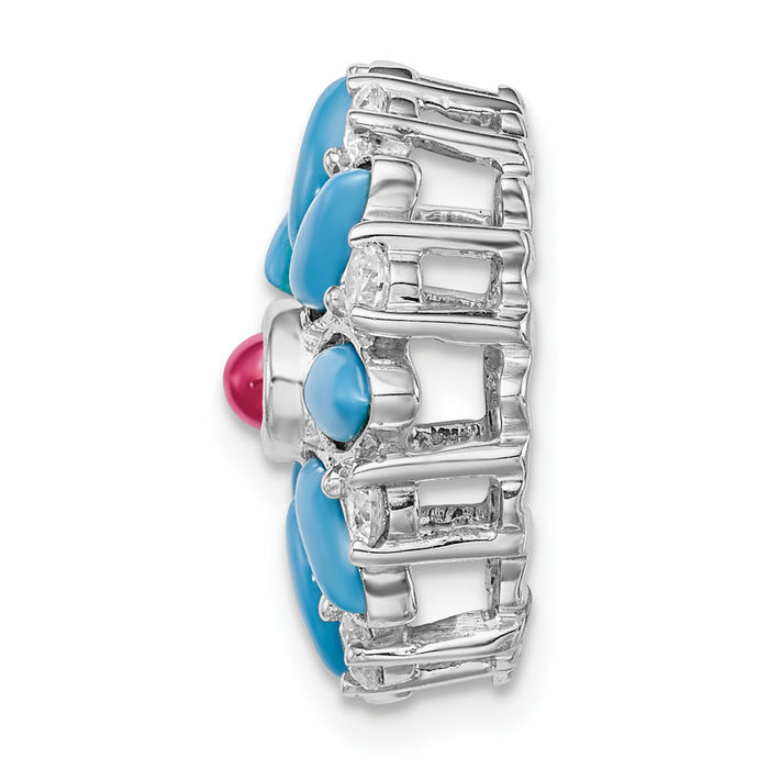 14K Solid White Gold Blue Turquoise Lab Red Ruby Topaz Flower Floating Chain Slide Gemstone Pendant Necklace Charm