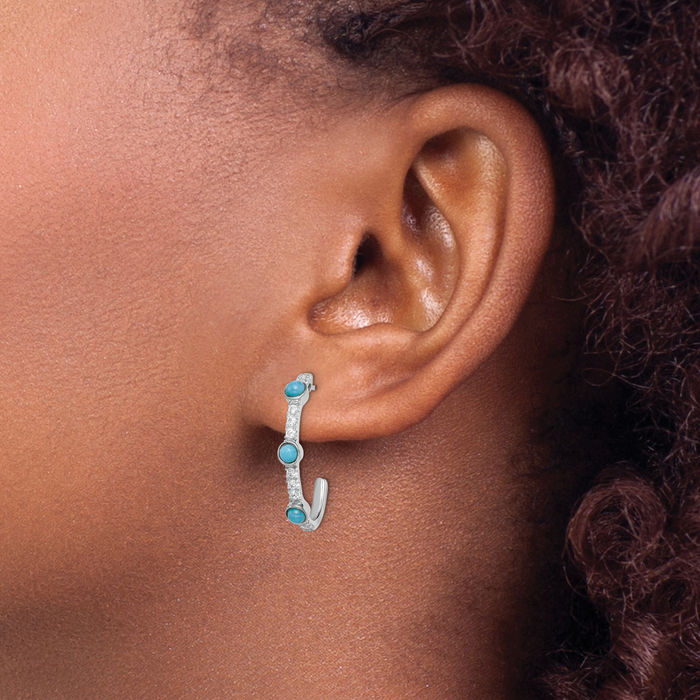 14K Solid White Gold Blue Turquoise Topaz J Hoop Earrings