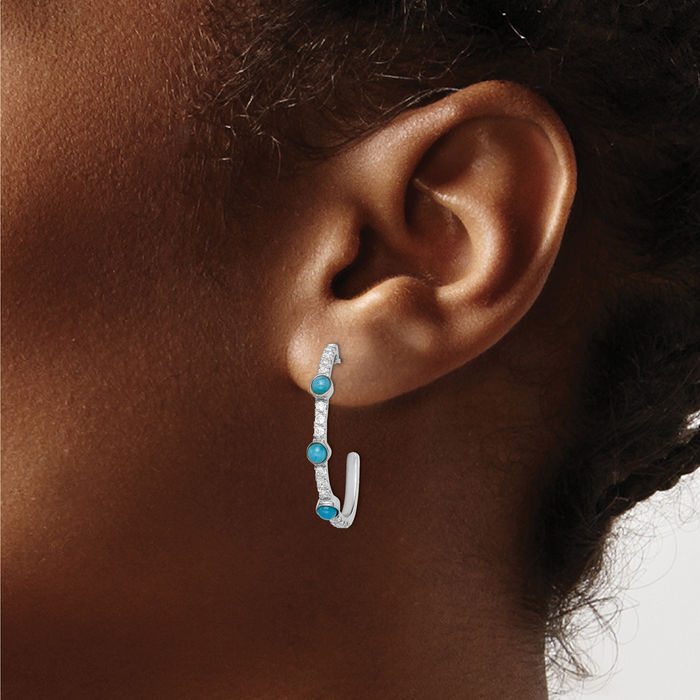 14K Solid White Gold Blue Turquoise Topaz J Hoop Earrings