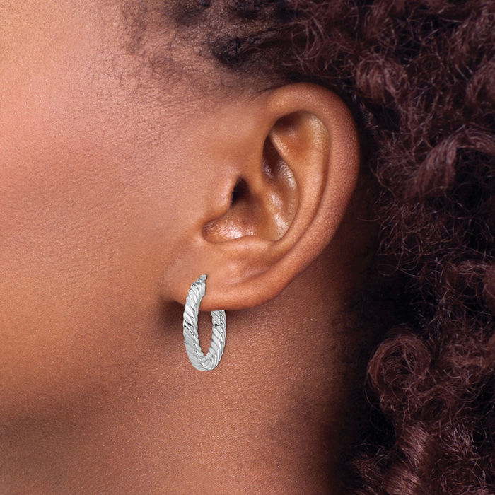 14K Solid White Gold Twisted 3mm Round Medium Hoop Earrings