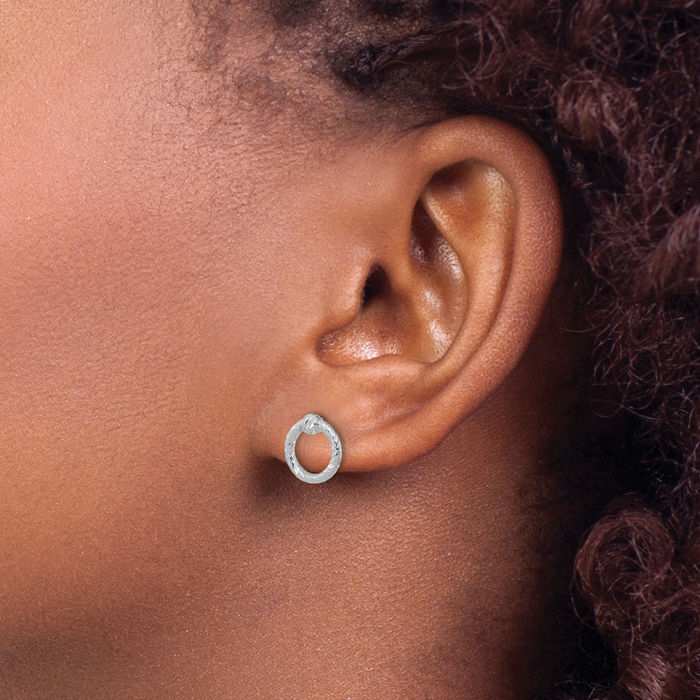 14K Solid White Gold Twisted Circle Round Stud Earrings