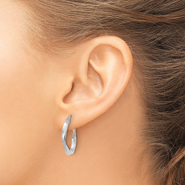 14K Solid White Gold Twisted Medium Hoop Earrings