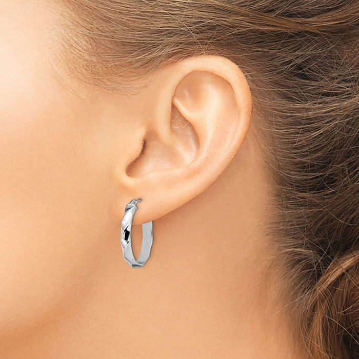 14K Solid White Gold Twisted Oval Medium Hoop Earrings