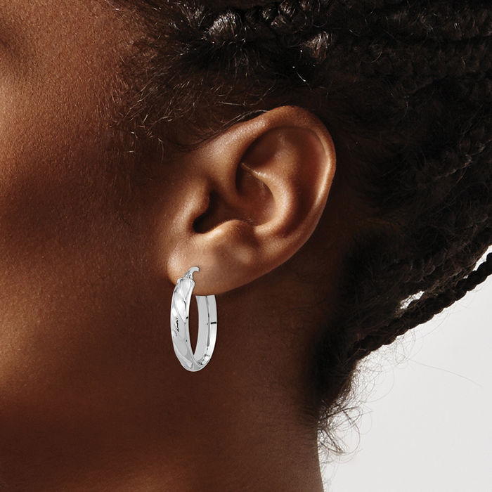 14K Solid White Gold Twisted Oval Medium Hoop Earrings