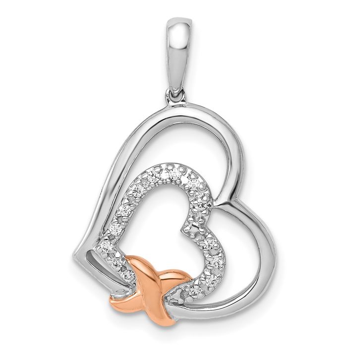 14K Solid Two Tone Gold Diamond Heart Necklace - Picture 11 of 12