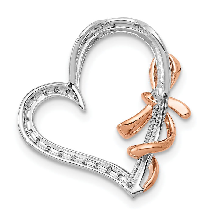 14K Solid Two Tone Rose White Gold Diamond Heart Bow Floating Chain Slide Pendant Necklace Charm