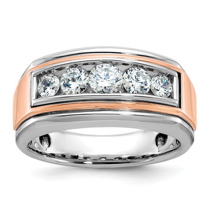 14K Solid Two Tone Gold Mens 5 Stone Diamond Wedding Ring - Picture 11 of 28