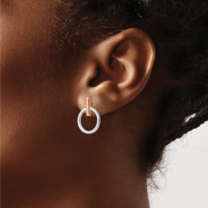 14K Solid Two Tone Rose White Gold Post Line Bar Drop Dangle Earrings