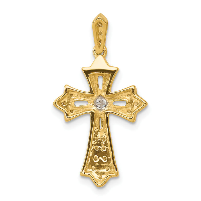 14K Solid Yellow Gold Diamond French Fleur De Lis Lily Flower Holy Cross Necklace Religious Chain Pendant Jesus Christ Charm