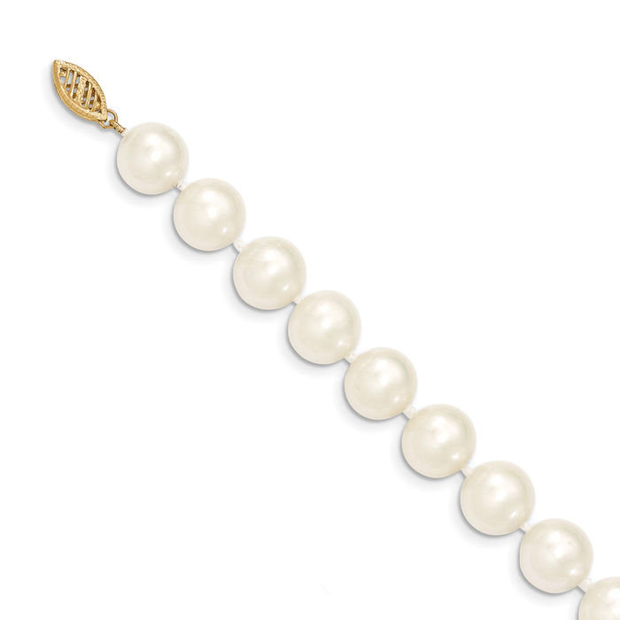 14K Solid Yellow Gold 10mm White Near Round Freshwater Cultured Pearl Necklace Chain