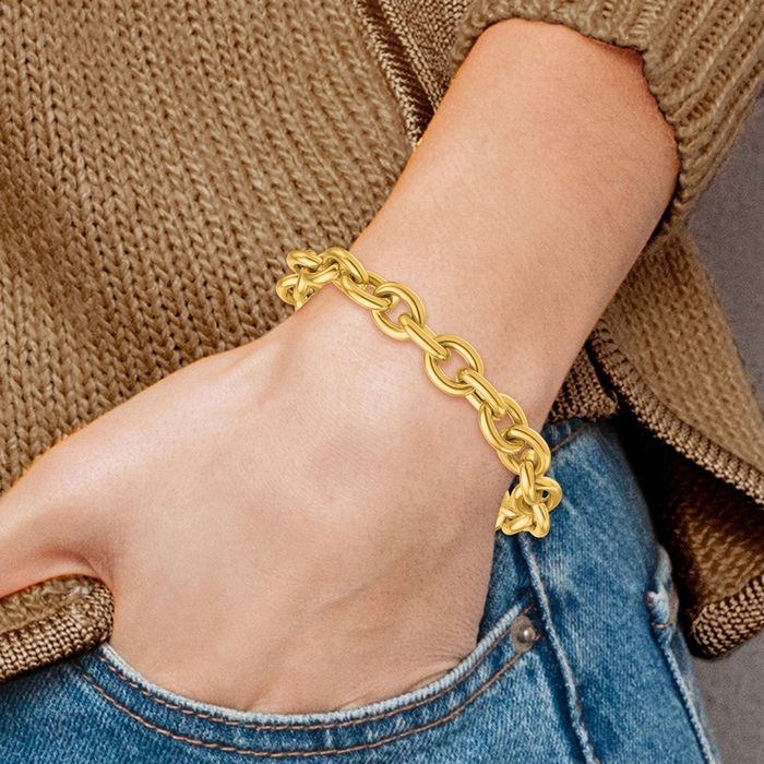 14K Solid Yellow Gold 10.5mm Cable Rolo Link Chain Bracelet