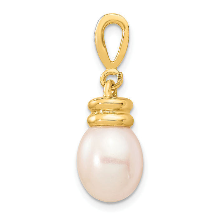 14K Solid Yellow Gold 9mm White Rice Freshwater Cultured Pearl Diamond Necklace Chain Pendant Charm