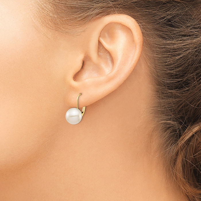 14K Solid Yellow Gold 9mm White Round Freshwater Cultured Pearl Drop Dangle Earrings Gemstone